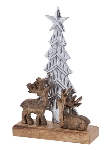 Dekofigur Weihnachtsbaum mit Hirschen 20x31cm Weihnachtsdeko Mangoholz Aluminium