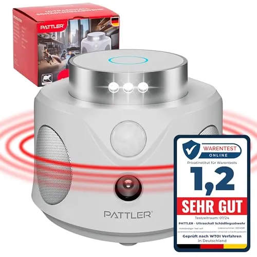 PATTLER® 360° Ultraschall Mäuseabwehr - Nagetierbekämpfung mit effektiver Ultraschall-Technologie und LED-Blitzfunktion zur optimalen Abwehr von Mäusen und Ratten – sicher für Mensch und Haustier.