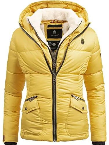 Navahoo Damen Winterjacke Steppjacke Megan Gelb Gr. S - Funktionsjacke für Damen mit modischem Design, großer Kapuze und kuscheligem Teddyfell Innenfutter - ideal für kalte Wintertage!