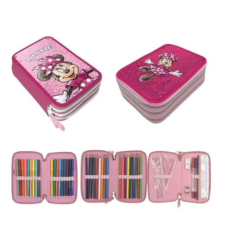 PASO Federmäppchen 3 Fächer - Minnie Wendepailletten - Federmäppchen für Mädchen mit 3 Fächern und hochwertiger Verarbeitung. Enthält 18 Buntstifte, Filzstifte und mehr für kreative Schulstunden.