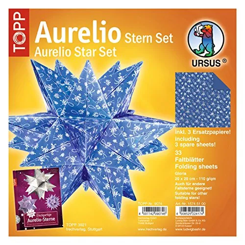 Ursus 15745100 - Faltblätter Aurelio Stern Gloria, blau / silber, 33 Blatt, aus Shimmer Papier 110 g/qm, ca. 20 x 20 cm, durchgefärbt, Vorderseite mit Veredelung, ideal als Weihnachtsdeko