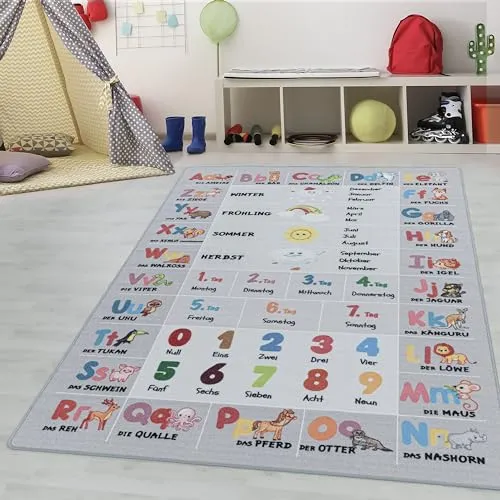 Kinderteppiche für Kinder Alphabet Buchstaben Zahlen Tiere Spielteppich Waschbar Jungen & Mädchen Teppich für Kinderzimmer Babyzimmer Spielzimmer Läufer Teppich in Farbe: Grau, Grösse: 80 x 120 cm