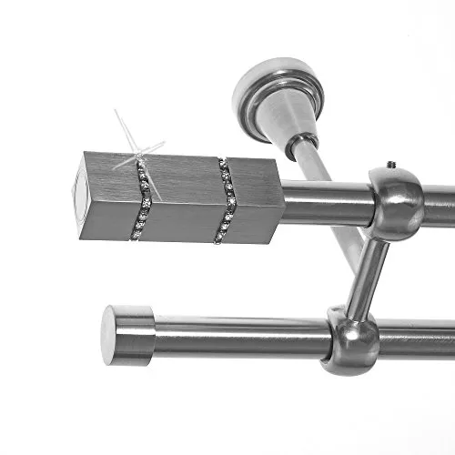 BASIT Gardinenstange I Edelstahl Look Metall Ø 16mm I Vorhangstange I Gardinenstangenset I Deckenbefestigung I 2 läufig mit Deckenmontage I eckig mit Kristall I Länge 320 cm I Design D24 E27 E16