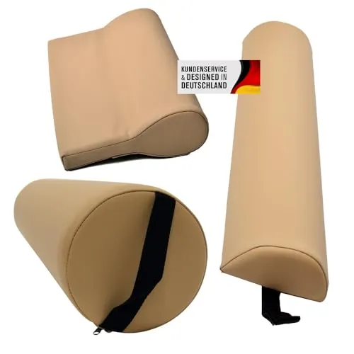 Promafit Massagezubehör Set 3 bestehend aus 1x Vollrolle Knierolle mit Griff 1x Lagerungsrolle Halbrolle und 1x Nackenkissen Kopfstütze für die Massageliege wasserabweisend (Beige)