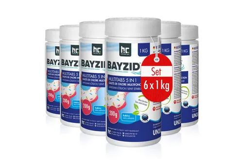 BAYZID® Multitabs 200g 5in1 für Pools - Poolzubehör für einfache Wasserpflege mit langsam löslichen Chlor-Tabletten, die Desinfektion, Algenvernichtung und Klareffekt bieten.