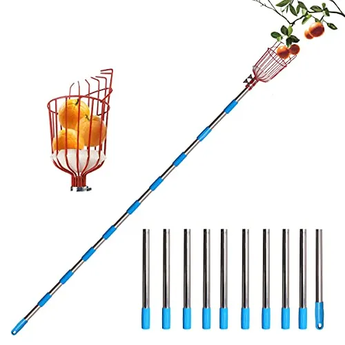 Qdreclod Obstpflücker Obst Greifer mit 4M Verlängerungsstange, Höhenverstellbarer Obstpflücker mit großem Korb, Apfel Orangen Birnenpflücker mit leichtem Edelstahlpfahl und Obsttragetasche