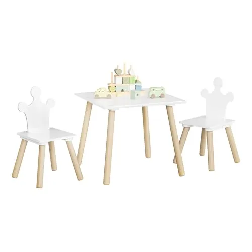 WOLTU Kindertisch mit 2 Stühlen, für Kinderzimmer Kindergarten, Stühlen mit Rückenlehne, Kindersitzgruppe aus MDF und Massivholz, Weiß + Helle Eiche