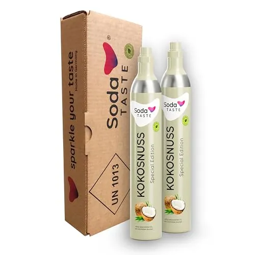 SodaTASTE CO2-Zylinder tauschen 2er-Pack (Refill) für Wassersprudler, mit natürlichem Kokos-Aroma, ohne Sirup, für bis zu 120l Sprudelwasser mit Geschmack, zuckerfrei (ACHTUNG: 2 leere Zylinder nötig)