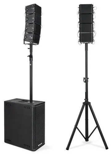 Aktives 2.1 Pronomic V-Array PA-System mit 600 Watt - Lautsprecher für bis zu 150 Zuhörer, 3-Wege-Konfiguration für klaren Sound und inklusive Kabel und Zuleitungen für sofortigen Einsatz.