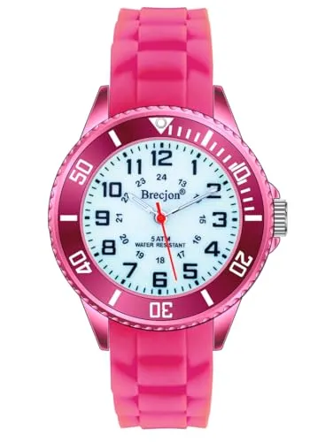 Brecjon Kinder Armbanduhr Jungen Mädchen Lernuhr Silikonuhr Kids 5ATM wasserdicht Leuchtzifferblatt rosa 2402
