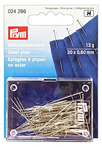 Prym 024286 Stecknadeln, 0,60 x 30mm, silberfarbig, 13g, Karte mit Dose, Stahl, 30 x 0,6mm, 30 x 0,60mm