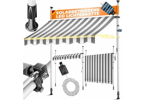 KESSER Klemmmarkise mit Handkurbel & LED, 150x180cm Balkonmarkise ohne Bohren UV-Beständig (Markise + solarbetriebene LED Lichterkette, höhenverstellbar 176-305cm) Sicht- & Sonnenschutz für Balkon Terrasse & Garten, wasserabweisend