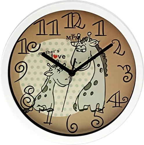 MPM Bunte Kinder Wanduhr aus Kunststoff mit Giraffen Motiv, Weiß/Braun, Wanddeko gut geeignet für Kinderzimmer, Quarz-Schrittmotor, Reibungsloser Ablauf, für Jungen und Mädchen