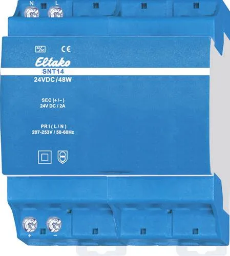 Eltako SNT14-24V/48W Schaltnetzteil - Schaltnetzteil für Reiheneinbau, 48W Nennleistung, nur 0,2W Stand-by-Verlust, effizient und kurzschlussfest, ideal für professionelle Anwendungen.