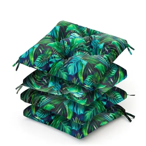 Wasserdichtes Stuhlkissen 45x45 cm – 4er Set mit blauen Blättern - Polster für Stühle & Sessel – Wetterfest, 6 cm dicke Polsterung sorgt für hohen Sitzkomfort, ideal für Gartenmöbel und lange Sommerabende im Freien.