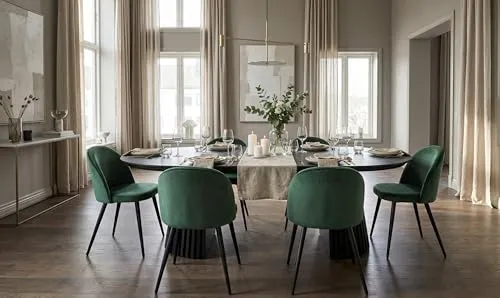 Tokyo Essgruppe 7-tlg. Schwarz mit Grünem Velours - Moderne Tisch- & Stuhl-Sets für Esszimmer, bestehend aus einem eleganten Esstisch und 6 bequemen Stühlen. Hochwertige Materialien und ansprechendes Design für gesellige Abende.