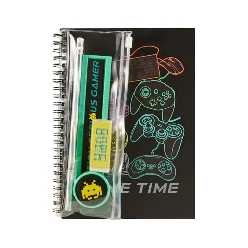 Idena 20186 - Notizbuch A5 mit Schreibset, Design Gaming, Spiralblock mit 120 Seiten kariert, 80 g/m²