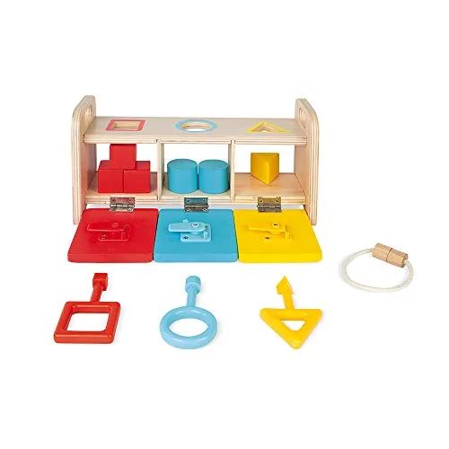 Janod Essentiel Shape Sorter Box mit Schlüsseln - Bauklötze - pädagogisches Holzspielzeug, das Feinmotorik und logisches Denken fördert. Mit 6 Bausteinen und 3 Schlüsseln für interaktiven Spielspaß ab 18 Monaten.