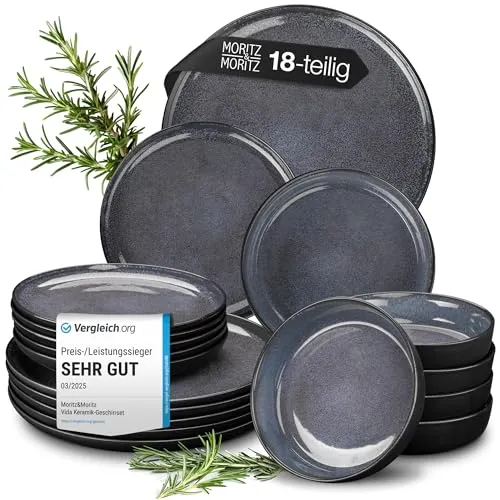 MoritzundMoritz Tafelservice Vida, 18-teilig für 6 Personen - Elegantes Porzellan-Set in Blau, spülmaschinen- und mikrowellengeeignet. Ideal für stilvolle Tischgestaltung und langlebig im Alltag.