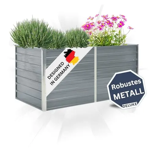 DELUKE Hochbeet für Garten Oskar Grau | 160x80x77cm | Verzinkter Stahl | Wetterfest | Gartenbeet Kräuterbeet Blumenbeet Beet hoch Frühbeet für Garten Gemüsebeet