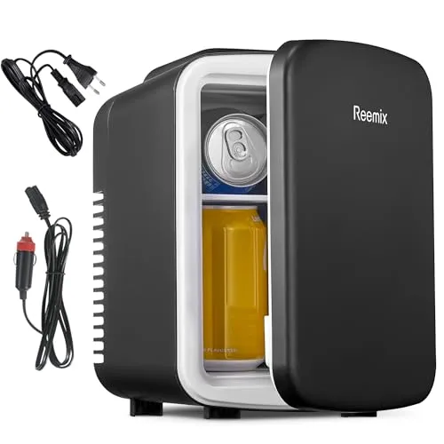 Mini-Kühlschrank, 4 Liter/6 Dosen, tragbarer Kühler und Wärmer persönlicher Kühlschrank für Hautpflege, Kosmetik, Getränke, Lebensmittel, ideal für Schlafzimmer, Büro, Auto, Freonfrei (Schwarz) (4L)