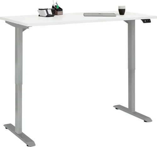 e-desk Schreibtisch elektrisch verstellbar in Weiß/Alu – 120x72 cm - Robuster Schreibtisch aus Holzwerkstoff mit elektrischem Höhenverstellmechanismus von 72 bis 120 cm. Ideal für ergonomisches Arbeiten, bietet er eine stabile und großzügige Arbeitsfläche.