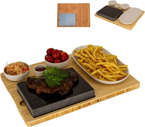 Lavastein Steakbrett mit Bambusbrett und Hot Stone Grill - Sonstige Wohnaccessoires - Genießen Sie fettfreies Grillen am Tisch mit dieser vielseitigen Lavasteinplatte und dem eleganten Bambusbrett, ideal für Fleisch, Fisch und Gemüse!