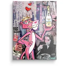 DOTCOMCANVAS® Leinwandbild Pink Panther Cristal - Premium Leinwandbild mit dem ikonischen Pink Panther und Cristal Champagner. Direkt aufhängbar, mit Echtheitszertifikat und 30 Tagen Rückgaberecht. Handgefertigt in Deutschland für höchste Qualität.