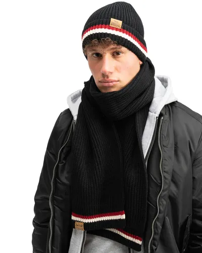 Lonsdale Unisex Schal und Mütze Set BUTLEIGH - Strickmützen für Herren, Einheitsgröße und aus 100% Polyacryl, sorgt für angenehme Wärme und Stil mit dekorativen Kunstleder Etiketten.