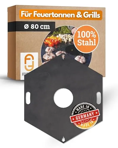 Feuerfest 123 Grillplatte eckig I Ø 80cm I Feuerplatte aus Feinkorn-Stahl I Massive Plancha-Platte mit 4mm Stärke I Grillaufsatz für Feuerschale, Feuertonne, BBQ-Grilltonne & Kugelgrill