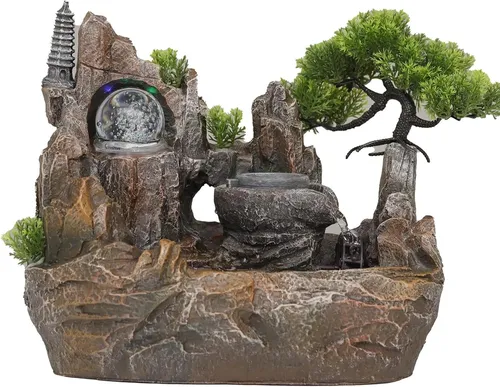 Zimmerbrunnen mit LED Tischbrunnen Wasserspiel mit Deko Steingarten 29x25x18 cm