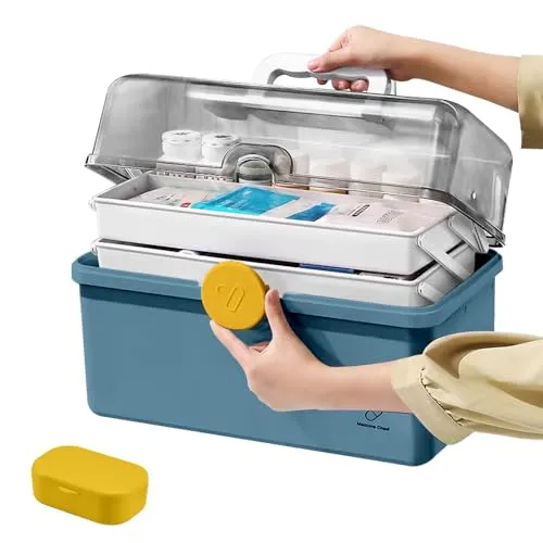 LPAMABA Hausapotheke Box Medikamenten Aufbewahrung Groß Medizinbox Medizinkoffer Erste Hilfe Koffer Medikamentenbox Multifunktions Aufbewahrungsbox Apothekenbox mit Tragegriff, 34 x 21.5 x 19cm, Blau