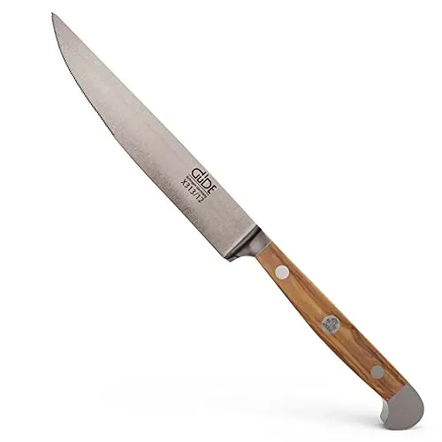 GÜDE Solingen Steakmesser 12 cm - Gezahnt & Geschmiedet aus Olivenholz - Steakmesser aus der Alpha Olive Serie mit 12 cm Klinge, handgeschmiedet aus X50CrMoV15 Stahl. Ergonomisches Design und einzigartige Maserungen des Olivenholzes für perfekten Fleischgenuss.