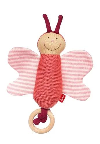 SIGIKID 39674 Strick-Greifling Schmetterling Knitted Love, Babyspielzeug aus Baumwollstrick mit Holzring und Rassel, zum Greifen, Hören und Spielen für Babys von 3-12 Monaten, Rosa, 16x20x5 cm
