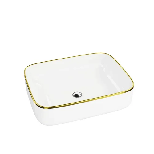 Aufsatzwaschbecken GALERA GOLD LINE - Glänzend Weiß - Elegantes, rechteckiges Aufsatzwaschbecken aus hochwertiger Keramik mit poliertem Finish. Ideal für stilvolle Badezimmergestaltung.