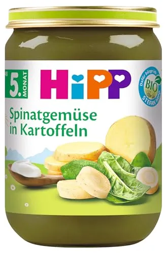 HiPP Bio Spinatgemüse mit Kartoffeln (6 x 190g), für Babys ab 5. Monat, ohne Salzzusatz, mit Omega-3, das Gemüse-Gläschen ideal zum Beikoststart, in bester Bio-Qualität