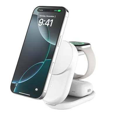 Belkin UltraCharge 25W Qi2 3-in-1 Ladestation - Technik: Praktische 3-in-1 Ladestation mit 25W Leistung, ideal für das gleichzeitige Laden von Smartphone, Apple Watch und AirPods.