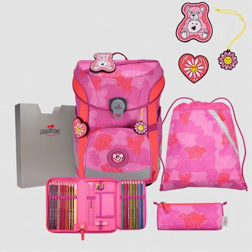 DerDieDas Schulranzen Set ErgoFlex Easy Set Roses - komfortables 5-teiliges Set, leicht und mit individuellem Design für einen sicheren Schulweg