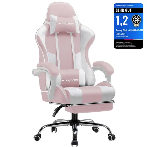 GTPLAYER Ergonomischer Gaming Stuhl mit Fußstütze und Lendenkissen – Rosa - Der GTPLAYER Gaming Stuhl bietet höchsten Komfort mit Kopfstütze und USB-Lendenkissen. Robuste Metallbeine garantieren Stabilität, während die Fußstütze Ihre Entspannung unterstützt. Ideal für lange Gaming-Sessions oder Büroarbeit.