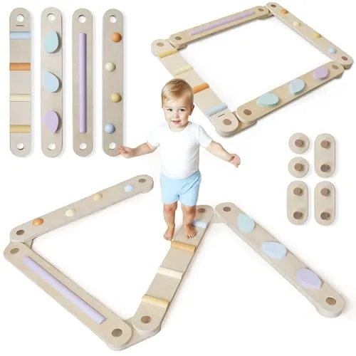 Mamabrum Große Holz Balancebahn für Kinder – 9 teiliger Sensorik Parcours für Gleichgewicht und Motorik 3+