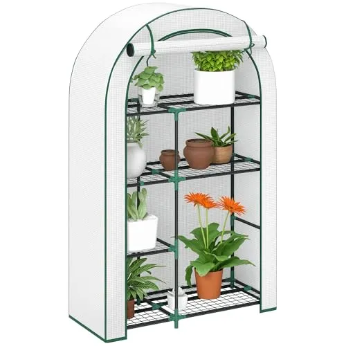 Outsunny Gewächshaus 100Lx45Wx160Hcm - Weiß - Garten-Zubehör mit Vier-Ebenen-Design, ideal für Blumentöpfe und Anzuchtschalen, schützt vor UV-Strahlen und bietet optimale Belüftung durch hochrollbare Tür.