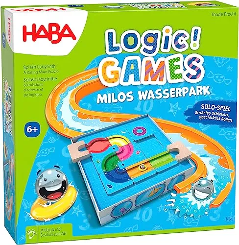 HABA - Logic! GAMES – Milo's Wasserpark - Gesellschaftsspiel ab 6 Jahren, fördert logisches Denken und räumliches Vorstellungsvermögen mit 60 herausfordernden Aufgaben und variabler Wasserrutsche für Kugel Milo.