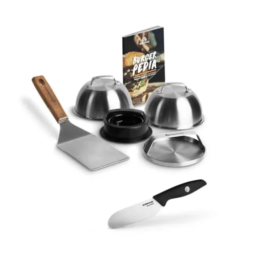 BURNHARD Burgerpresse Burger-Set (6 St) - Burgerpressen-Set aus Edelstahl und Kunststoff, inkl. Wender, Smasher und Rezeptheft für perfekte Burger zu Hause.