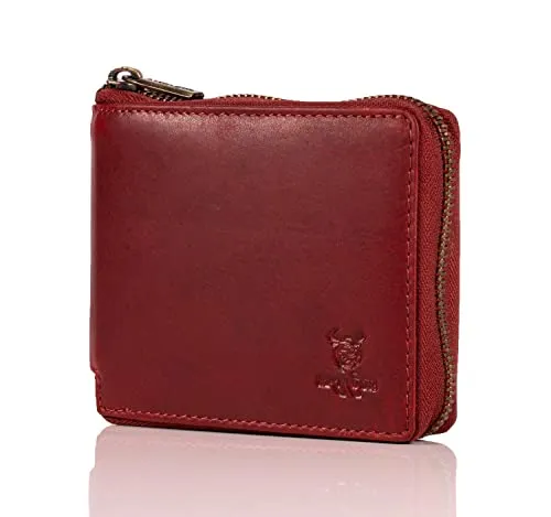 MATADOR Damen Leder Geldbeutel – RFID Vintage Rot - Hochwertiges Portemonnaie aus edlem Rindsleder mit 9 Kartenfächern, RFID-Schutz und praktischem Rundum-Reißverschluss. Ideal für stilbewusste Frauen!