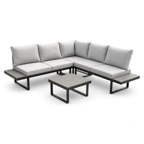 greemotion Gartenlounge-Set Pisa - Schwarz-Holz/Grau inkl. Auflagen & Tisch - Das greemotion Gartenlounge-Set Pisa vereint modernes Design und hohen Komfort. Ideal für Garten, Terrasse oder Balkon – die verstellbaren Komponenten bieten Flexibilität und eine gemütliche Atmosphäre für entspannte Stunden im Freien.