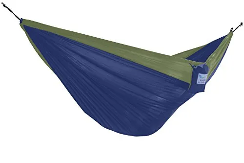 Vivere PAR21 Hängematte Nylon Doppel, Dunkelblau/Oliv - Robuste Doppelhängematte aus 100% Nylon, leicht verstaubar und ideal für Outdoor-Abenteuer. Mit großzügigen Abmessungen von 282 x 191 cm und einer Tragfähigkeit von 181 kg bietet sie Komfort und Sicherheit für entspannte Momente in der Natur.