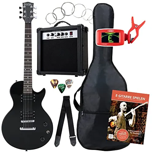 Rocktile Single Cut Pack Komplettset Power E-Gitarre Schwarz - E-Gitarren-Set mit 10W Gitarrenverstärker, Stimmgerät und praktischer Tasche. Ideal für Einsteiger, inklusive allem Zubehör für sofortigen Spielspaß.