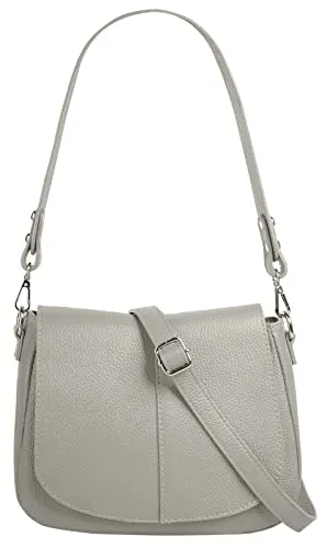 Umhängetasche CLUTY - Elegante Damen Leder Tasche in Grau - Handtaschen aus 100% Rindleder, minimalistisch und modern, Made in Italy. Mit abnehmbarem Schultergurt und reißverschlussgesichertem Hauptfach für maximale Sicherheit und Stil.