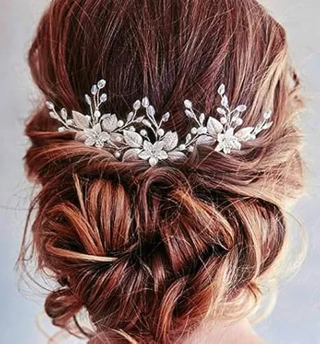 Unicra Silberhochzeit Blume Haarnadeln Braut Kopfschmuck Hochzeit Haarteile Zubehör für die Braut (3er Pack) (Silber)