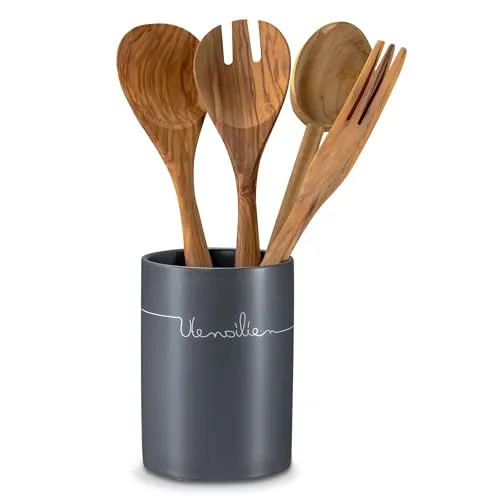 KHG Utensilienhalter Küche Keramik Steingut poliert, Küchen Utensilienhalter Anthrazit Grau mit Beschriftung, Kapazität für ca. 8 Küchenhelfern, Küchen Halter rund Höhe 14 cm & 10,5 cm